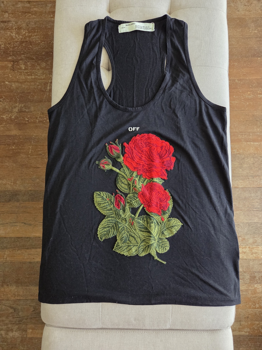 Off-White Black Tank Top with Red Rose Motif By VIRGIL ABLOH. S